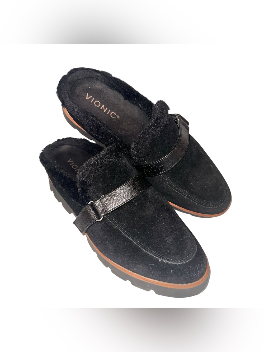 Vionic Black Size 8 Kailen Suede Shearling Faux Fur Slip-On Mules Lug Soles